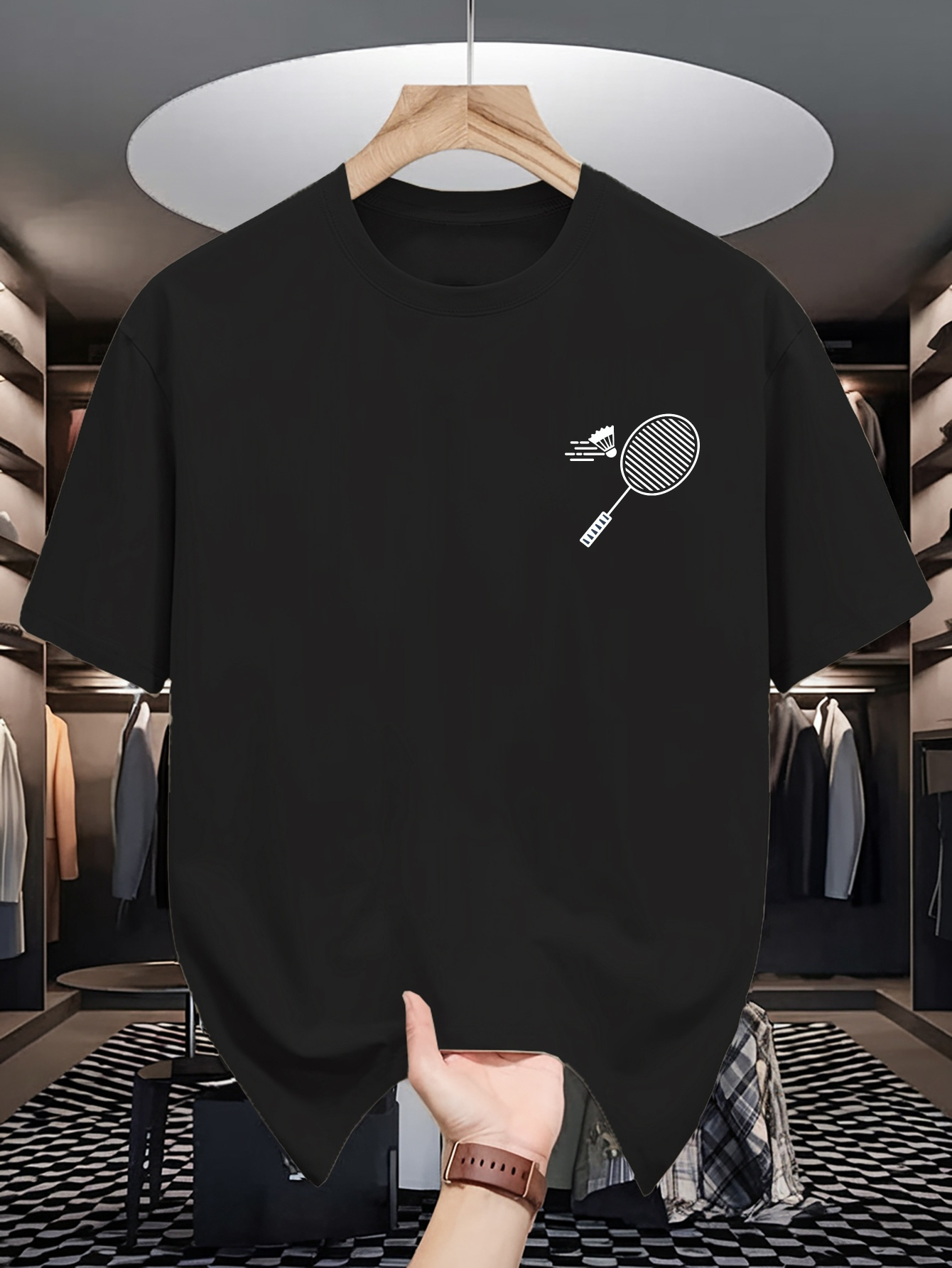 Mens Crew Neck T Shirt Minimal - Badminton Emoji ulasan dan harga