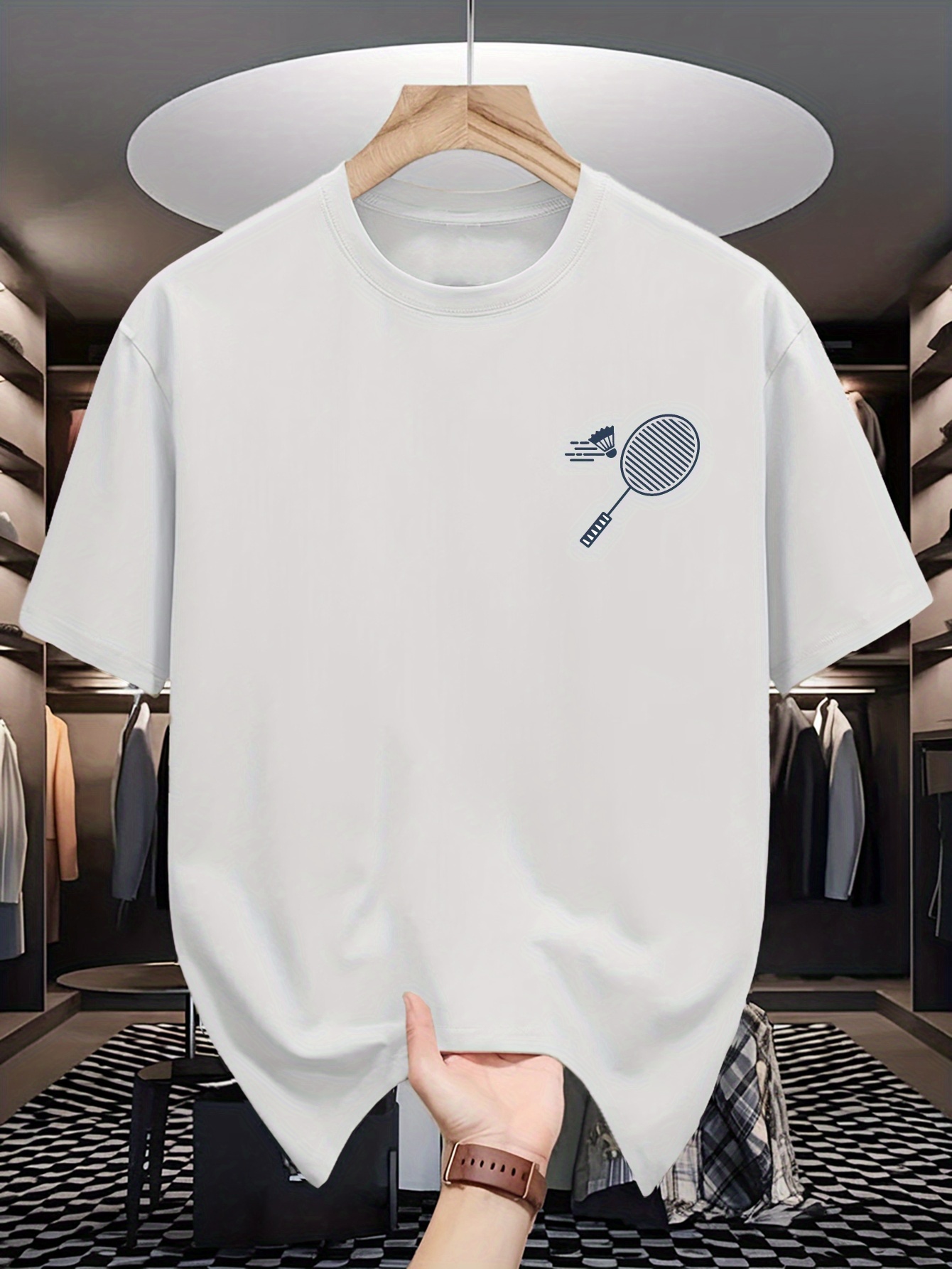 Mens Crew Neck T Shirt Minimal - Badminton Emoji ulasan dan harga